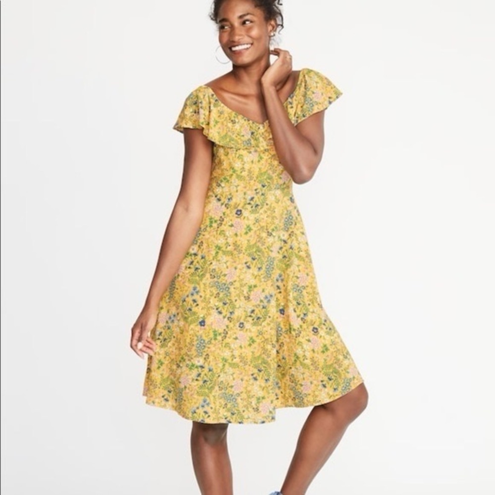Old Navy Cami Fit Flare Yellow Gold Floral Shirred Lined Midi Sun Nap Dress 1X